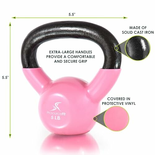 Pink 5 lb kettlebell with extra-large handles and vinyl coating.