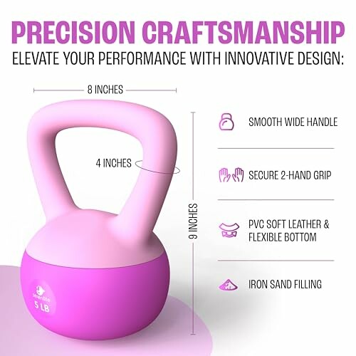 Pink kettlebell with dimensions and features, including smooth handle and iron sand filling.