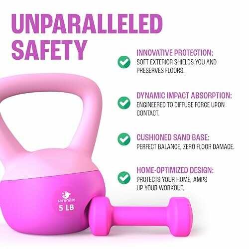 Pink kettlebell and dumbbell with safety features highlighted.