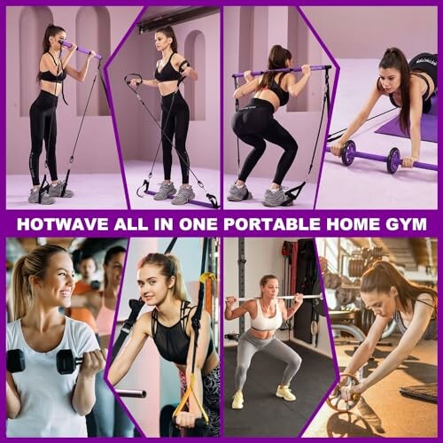 Women using portable home gym equipment for various exercises.