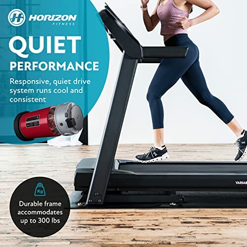 Woman running on a treadmill with emphasis on quiet performance and durable frame.