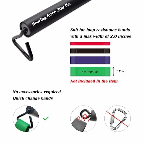 Resistance band bar with specifications and compatibility details.