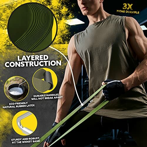 Man exercising with green resistance band showcasing layered construction features