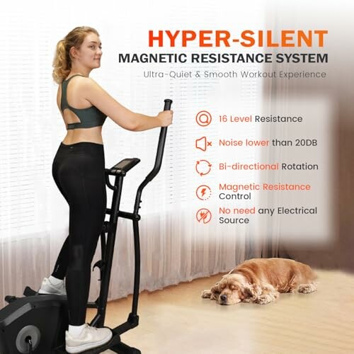 Woman using a hyper-silent magnetic resistance exercise machine beside a resting dog.