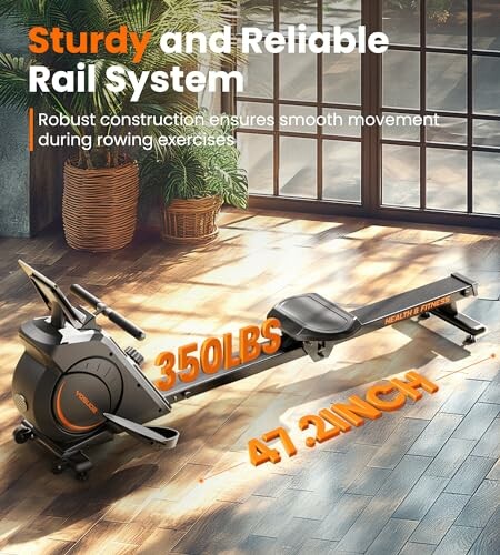 Rowing machine with sturdy and reliable rail system, supporting 350 lbs and 47.2 inch length.