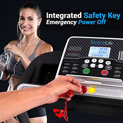 Woman on treadmill with integrated safety key and emergency power off.