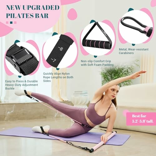 Woman exercising with upgraded Pilates bar and accessories.