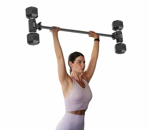 Woman lifting a dumbbell bar overhead with the Dumbbell Converter