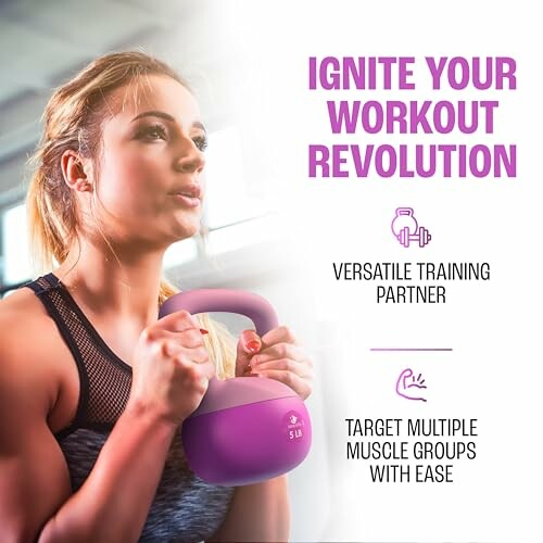 Woman holding kettlebell with workout motivation text.