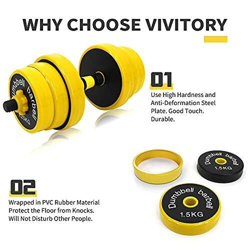 Yellow dumbbell set with features highlighted.