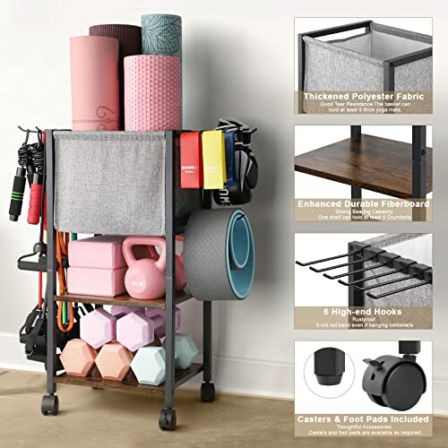 Yoga equipment storage cart with mats, weights, and hooks.